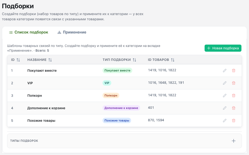 Страница «Подборки товаров»